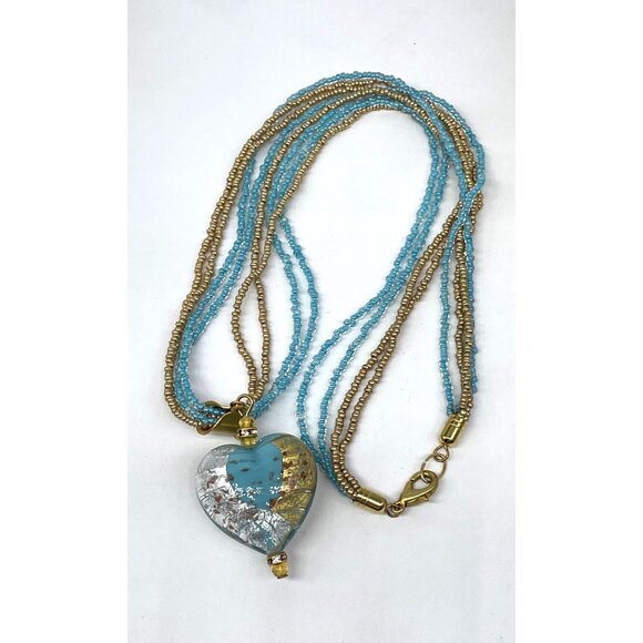 Venetian Glass Heart Pendant Necklace Gold Blue Clear Beaded 24”  Lobster Clasp - Picture 5 of 7